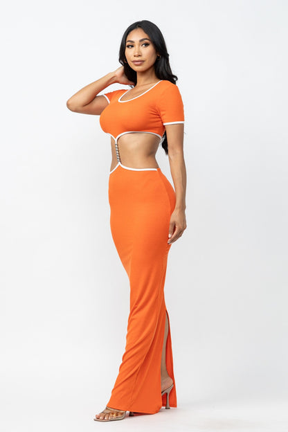 Rachel Contrast Trim Cut Out Open Back Maxi Dress