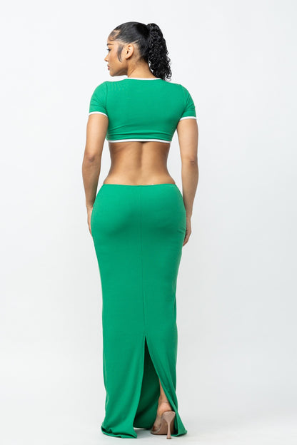 Rachel Contrast Trim Cut Out Open Back Maxi Dress