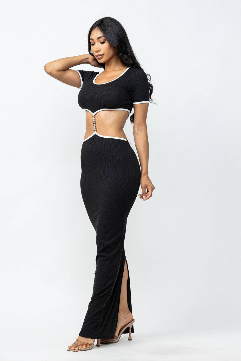 Rachel Contrast Trim Cut Out Open Back Maxi Dress