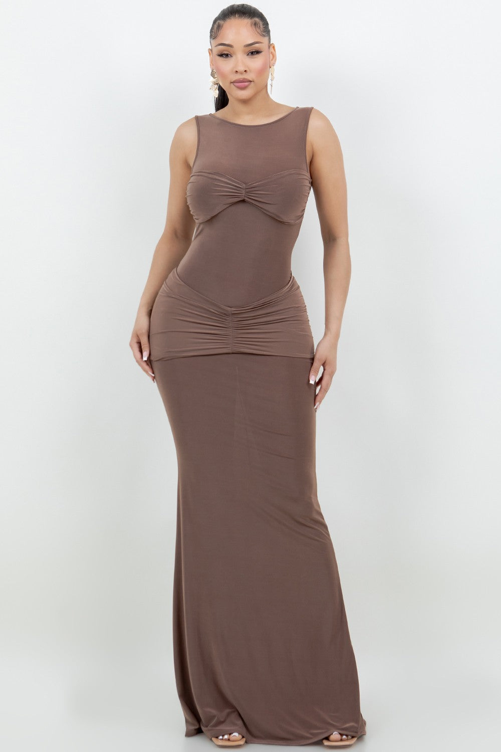 Marisa High Neck Ruched Front Slinky Maxi Dress
