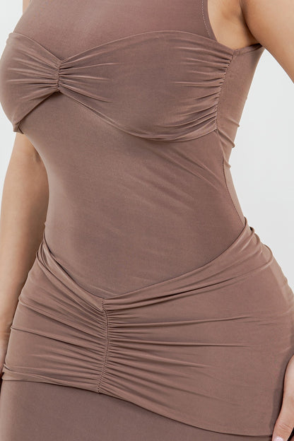 Marisa High Neck Ruched Front Slinky Maxi Dress