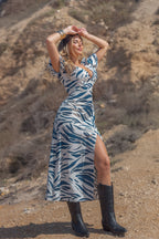 Sonja Plunge Neck Front Slit Zebra Print Midi Dress