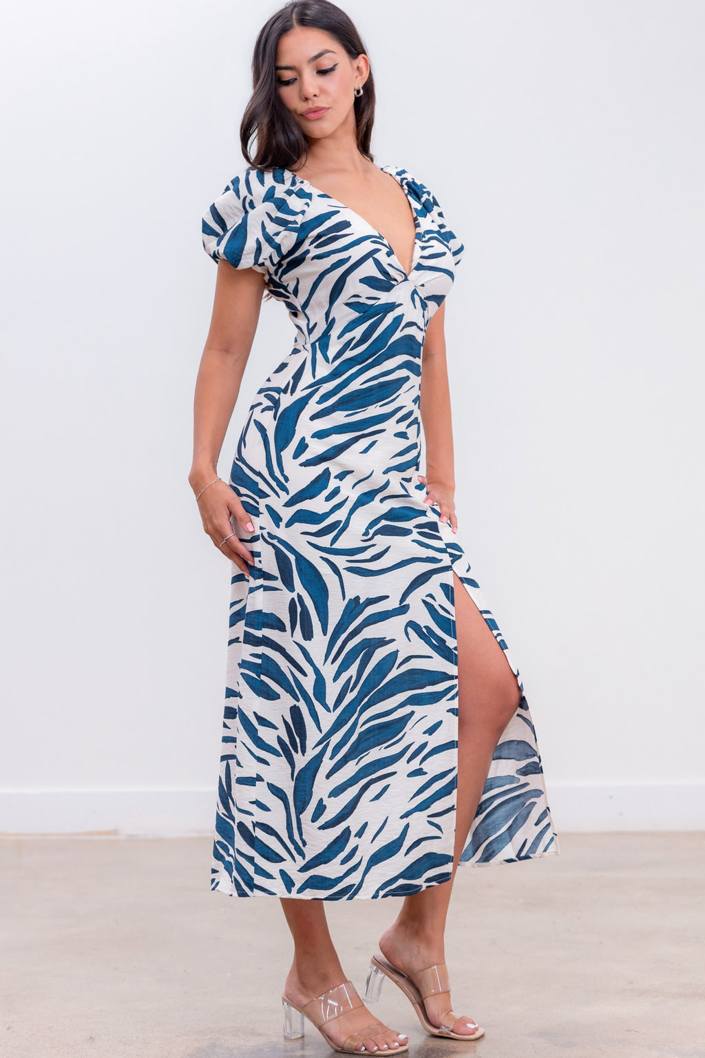 Sonja Plunge Neck Front Slit Zebra Print Midi Dress