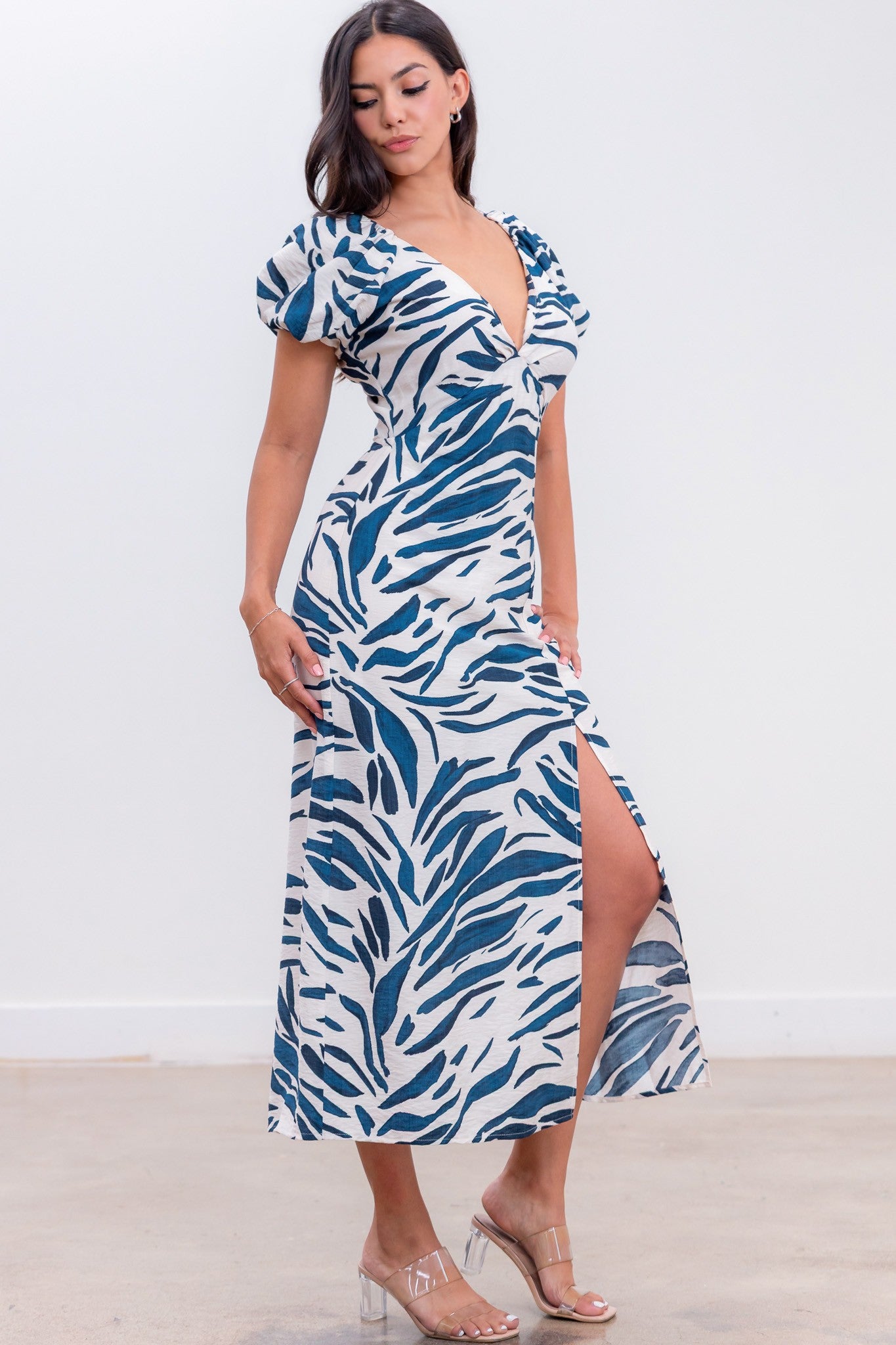 Sonja Plunge Neck Front Slit Zebra Print Midi Dress