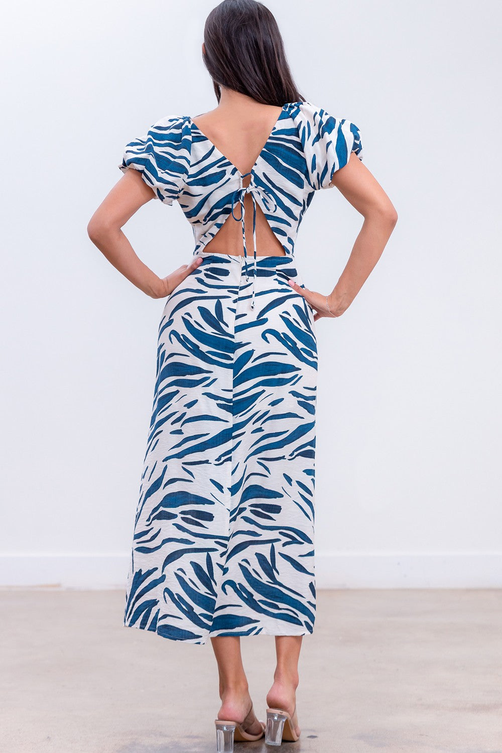 Sonja Plunge Neck Front Slit Zebra Print Midi Dress