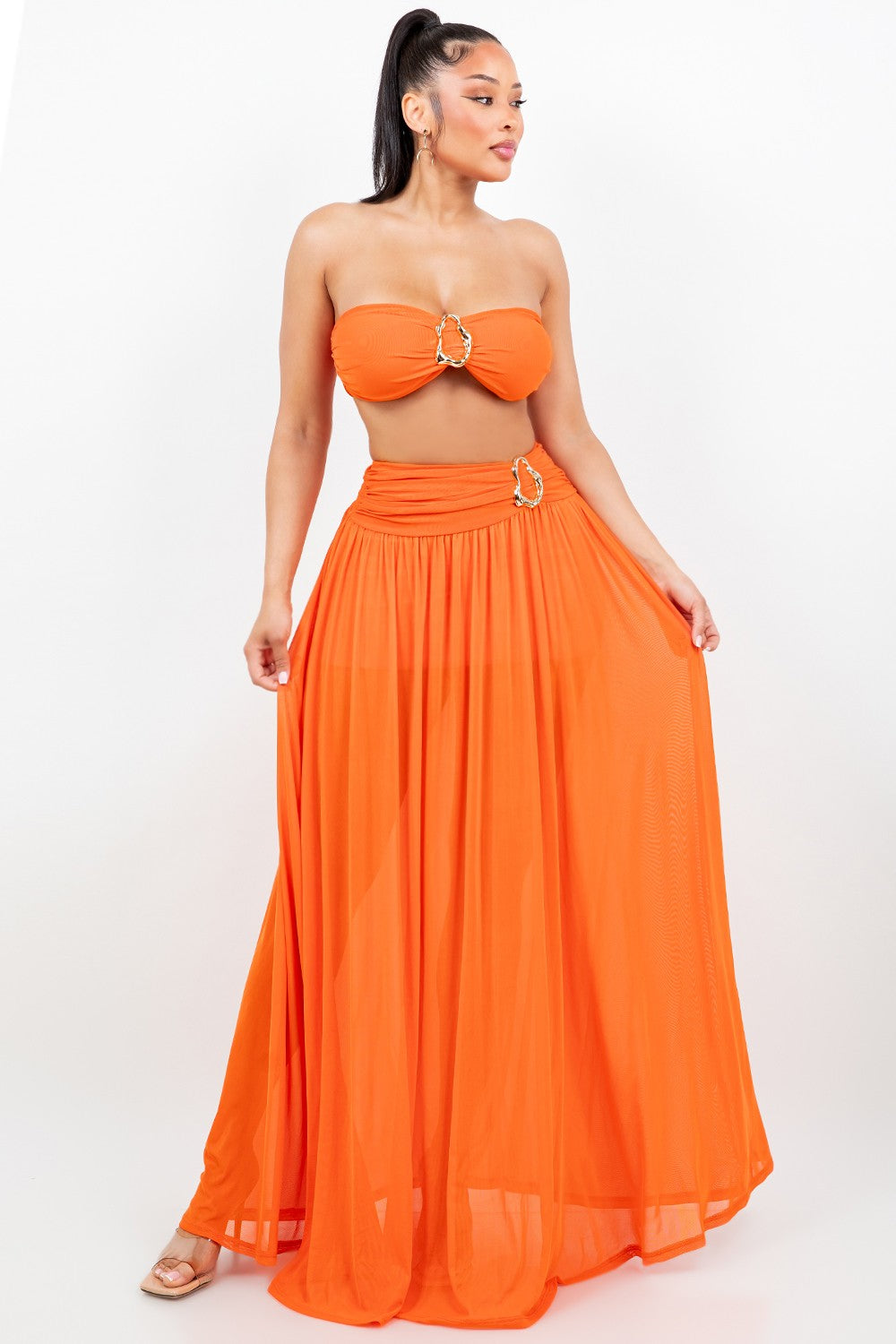 Sienna Gold O Ring Strapless Tube Top Two Piece Mesh Maxi Skirt Set
