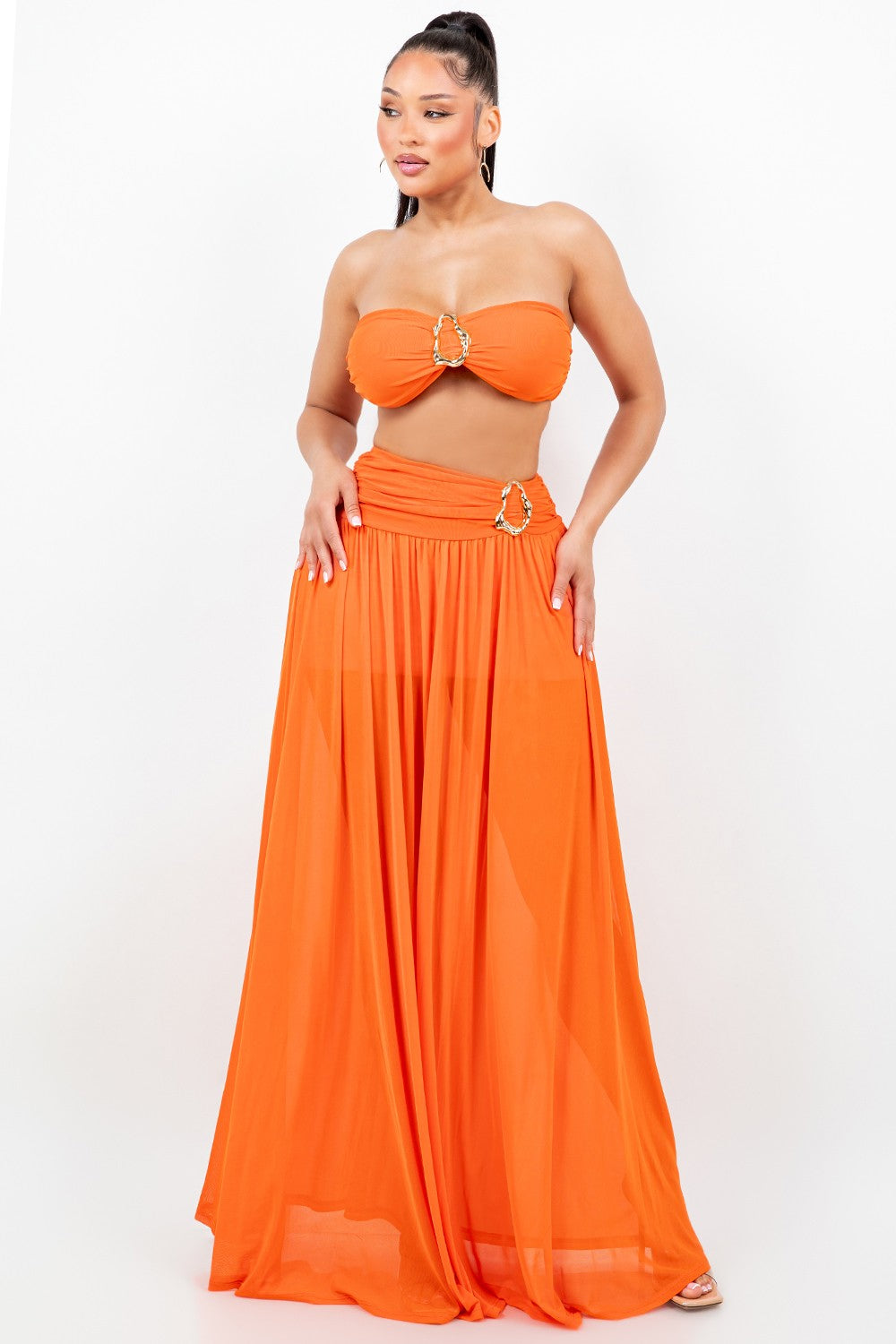 Sienna Gold O Ring Strapless Tube Top Two Piece Mesh Maxi Skirt Set