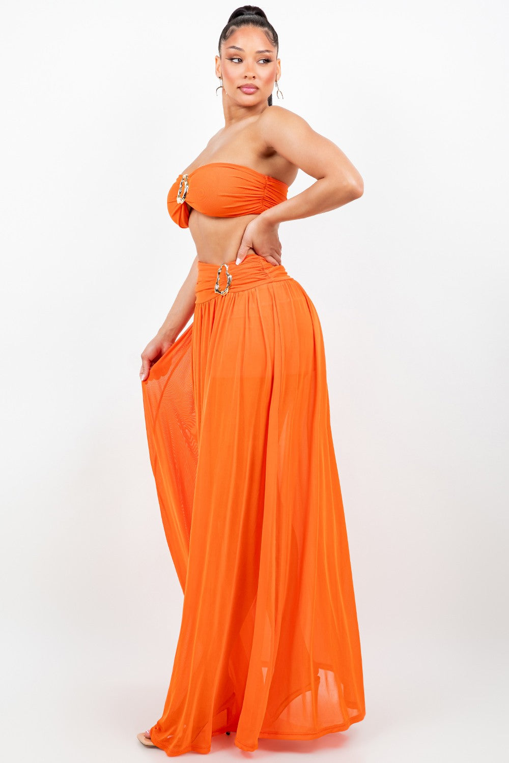 Sienna Gold O Ring Strapless Tube Top Two Piece Mesh Maxi Skirt Set