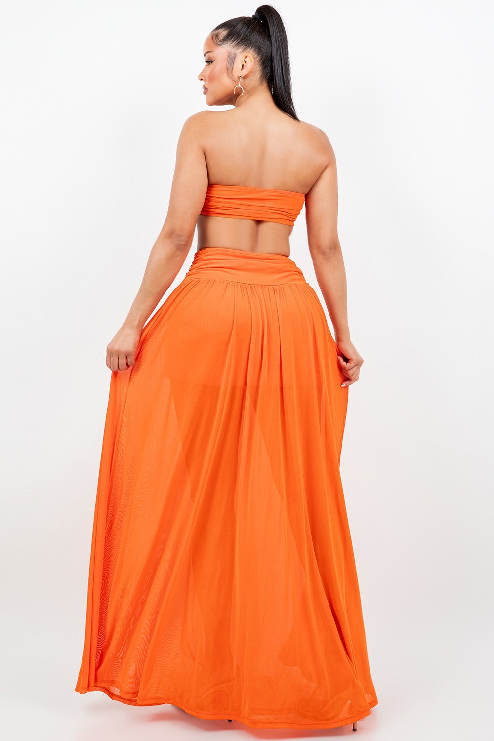 Sienna Gold O Ring Strapless Tube Top Two Piece Mesh Maxi Skirt Set