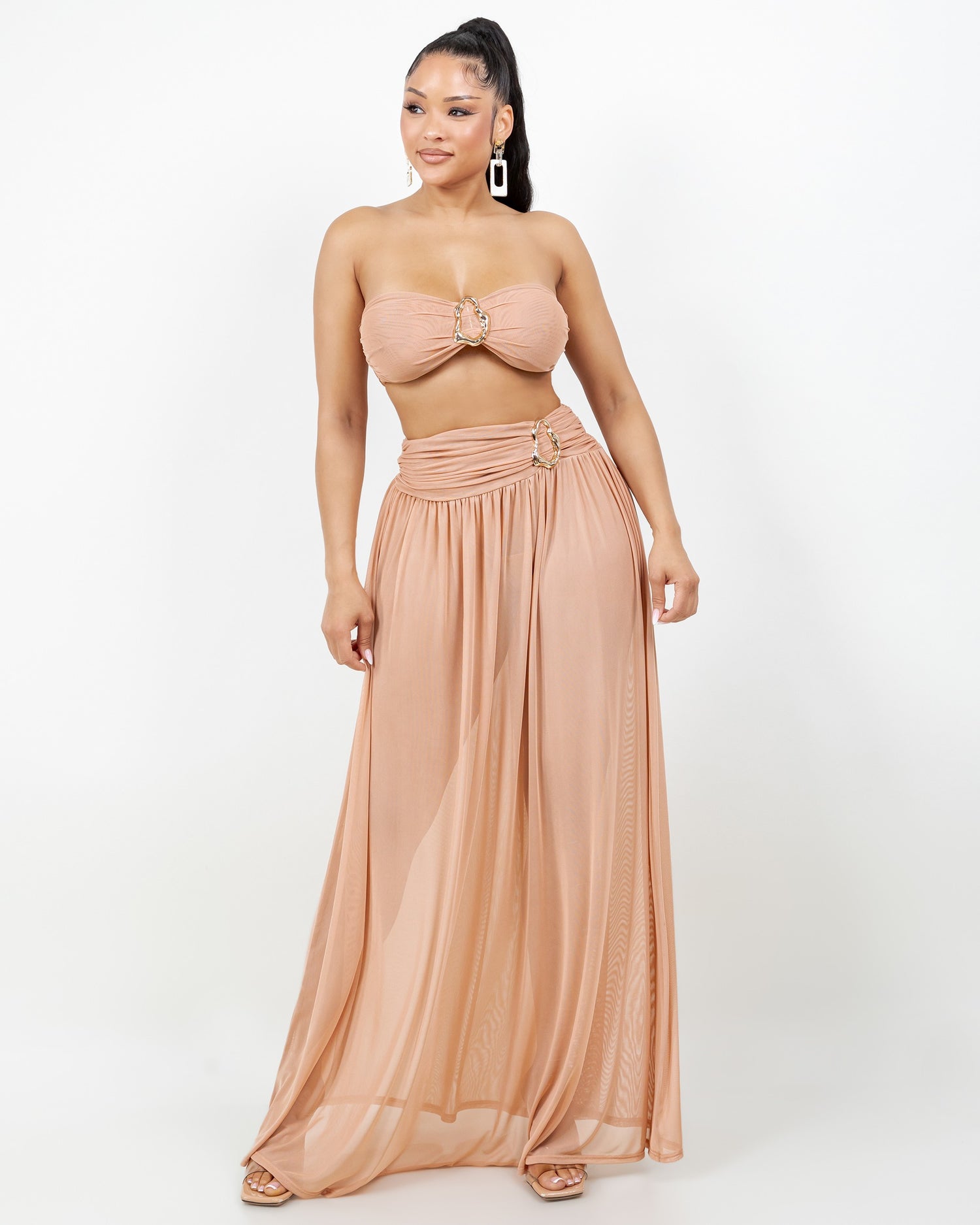 Sienna Gold O Ring Strapless Tube Top Two Piece Mesh Maxi Skirt Set