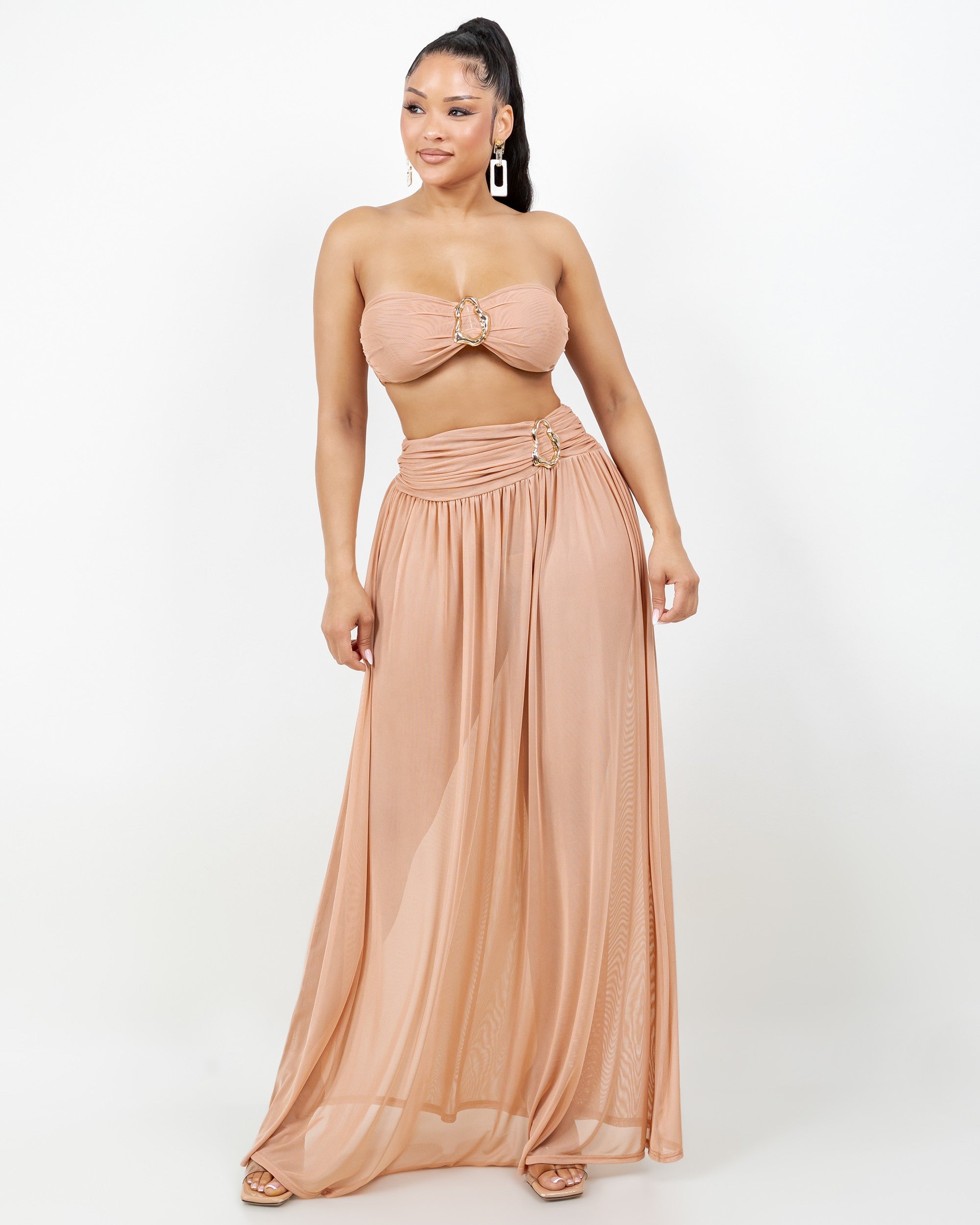 Sienna Gold O Ring Strapless Tube Top Two Piece Mesh Maxi Skirt Set