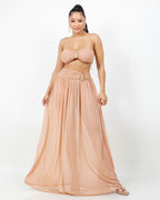Sienna Gold O Ring Strapless Tube Top Two Piece Mesh Maxi Skirt Set