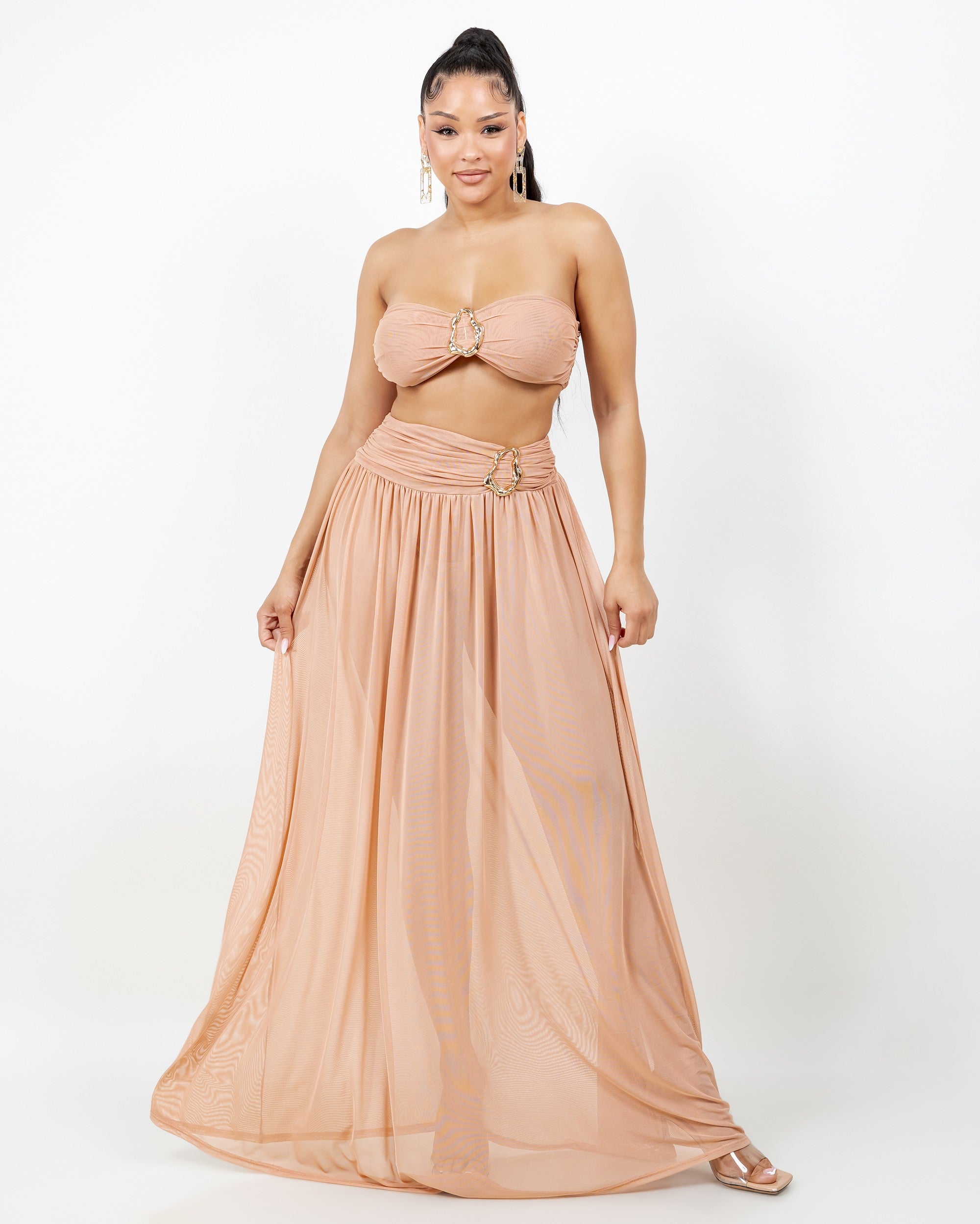 Sienna Gold O Ring Strapless Tube Top Two Piece Mesh Maxi Skirt Set