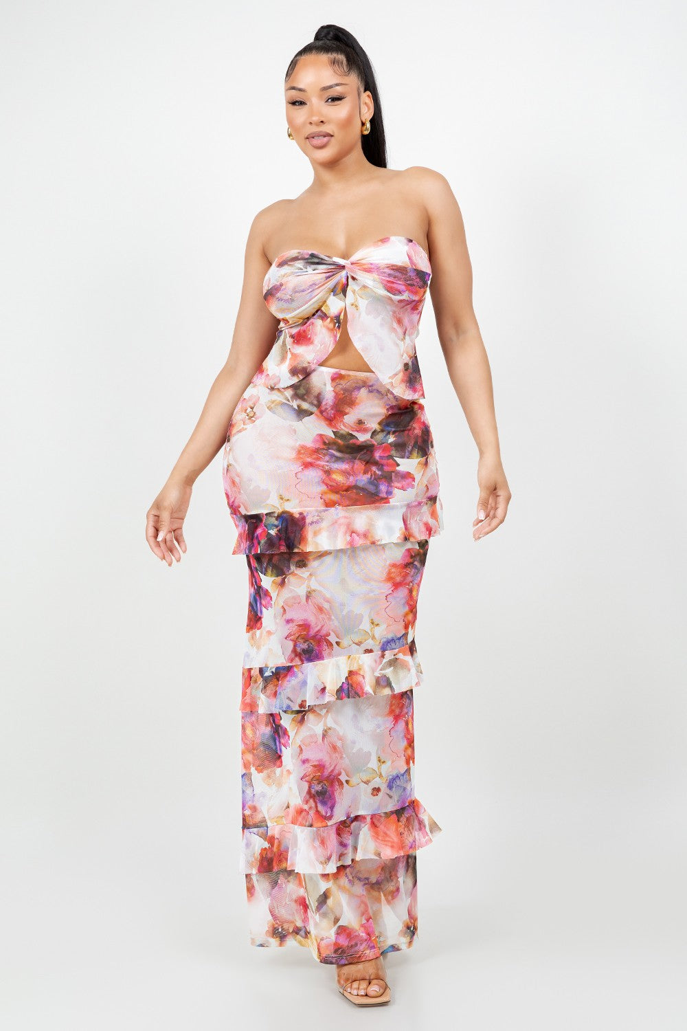 Brielle Floral Print Strapless Top Ruffle Trim Maxi Skirt Set
