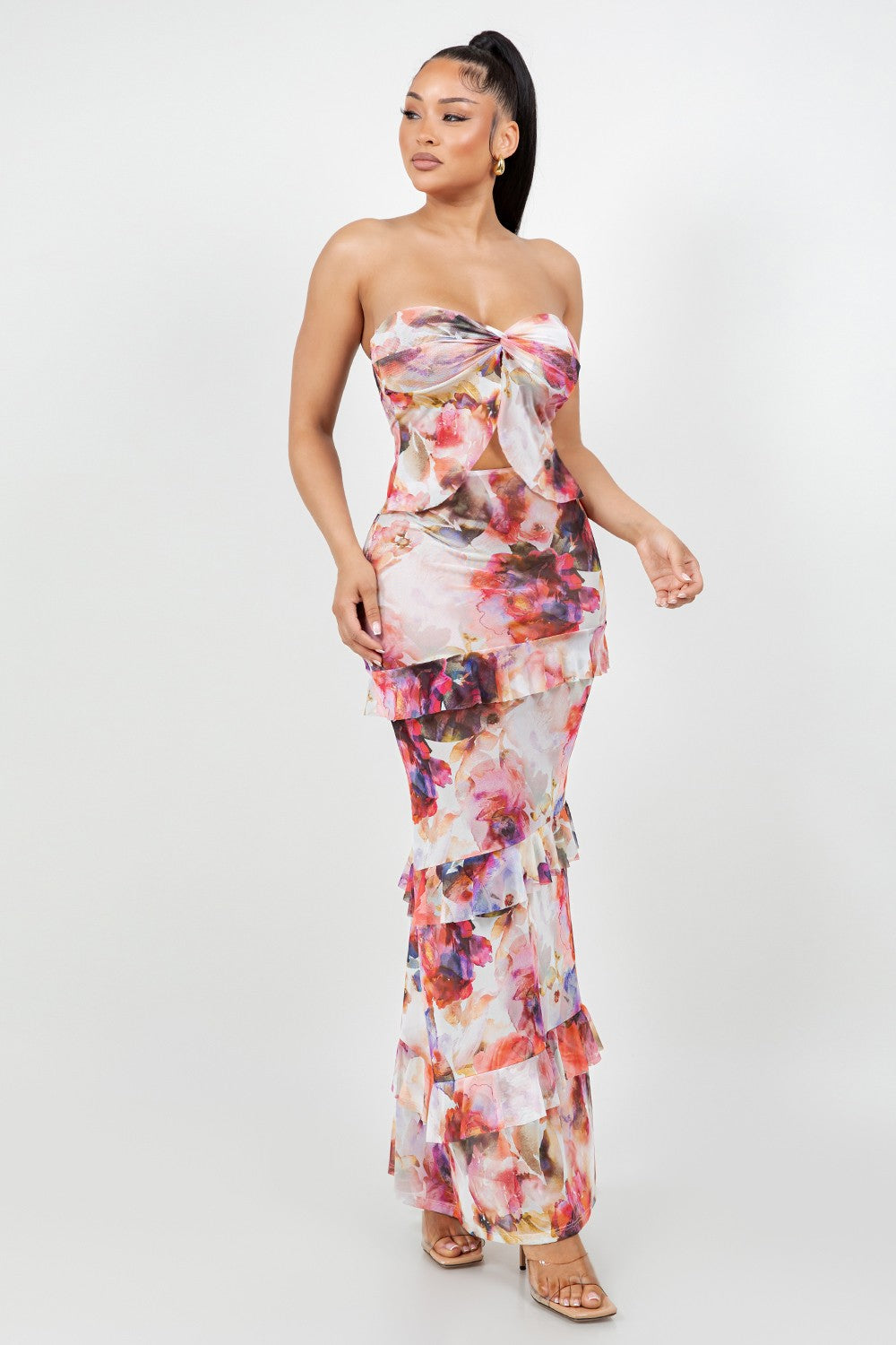 Brielle Floral Print Strapless Top Ruffle Trim Maxi Skirt Set