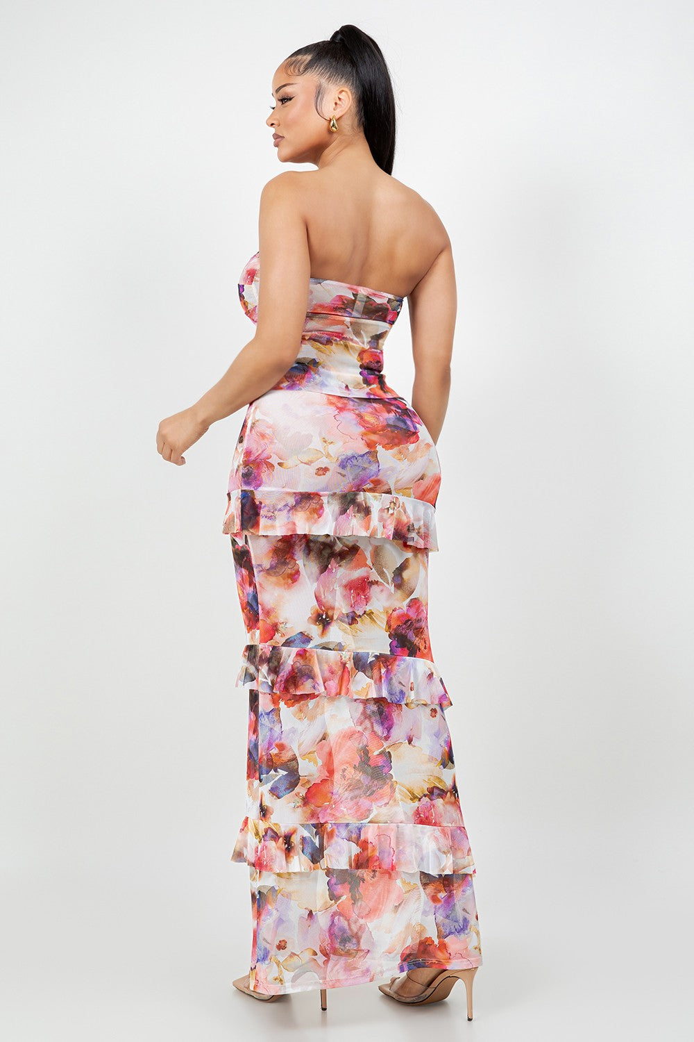 Brielle Floral Print Strapless Top Ruffle Trim Maxi Skirt Set