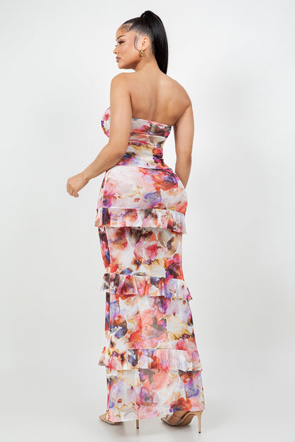 Brielle Floral Print Strapless Top Ruffle Trim Maxi Skirt Set
