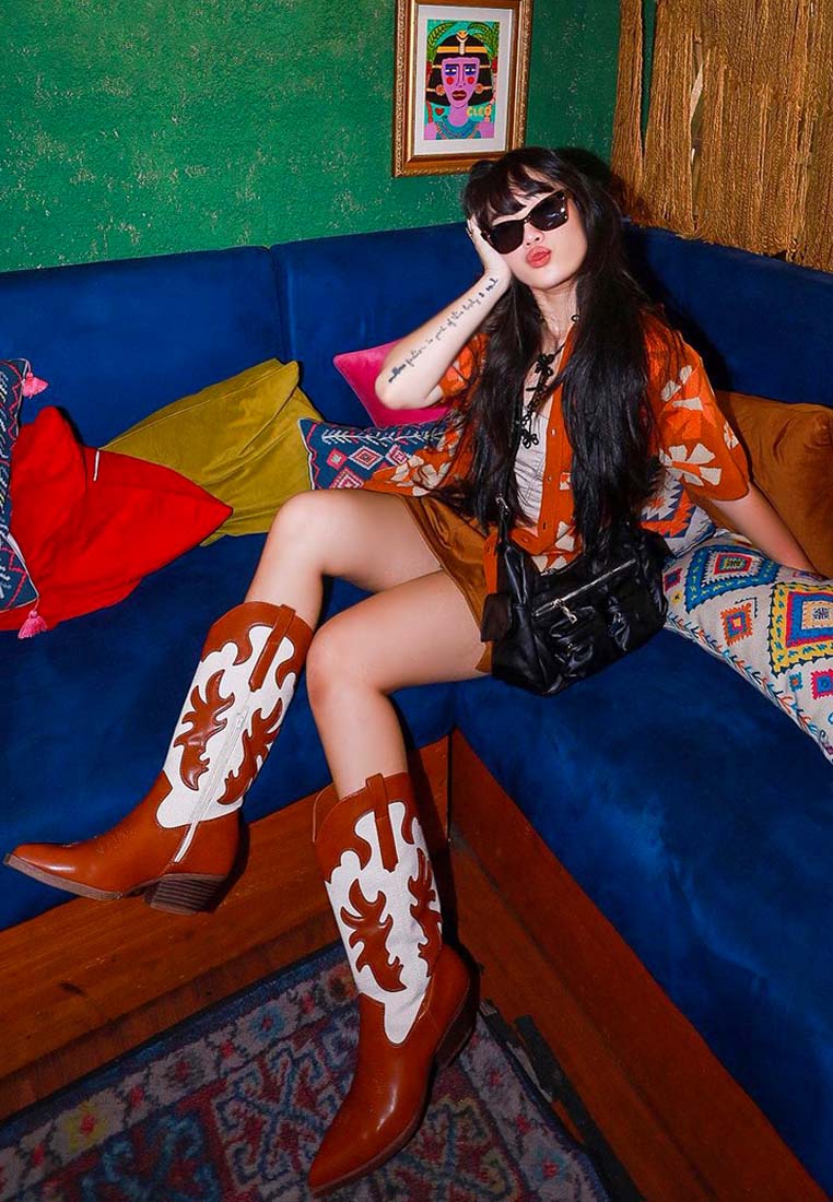 Fallon Western Embroidered Patchwork Mid Calf Cowboy Boots