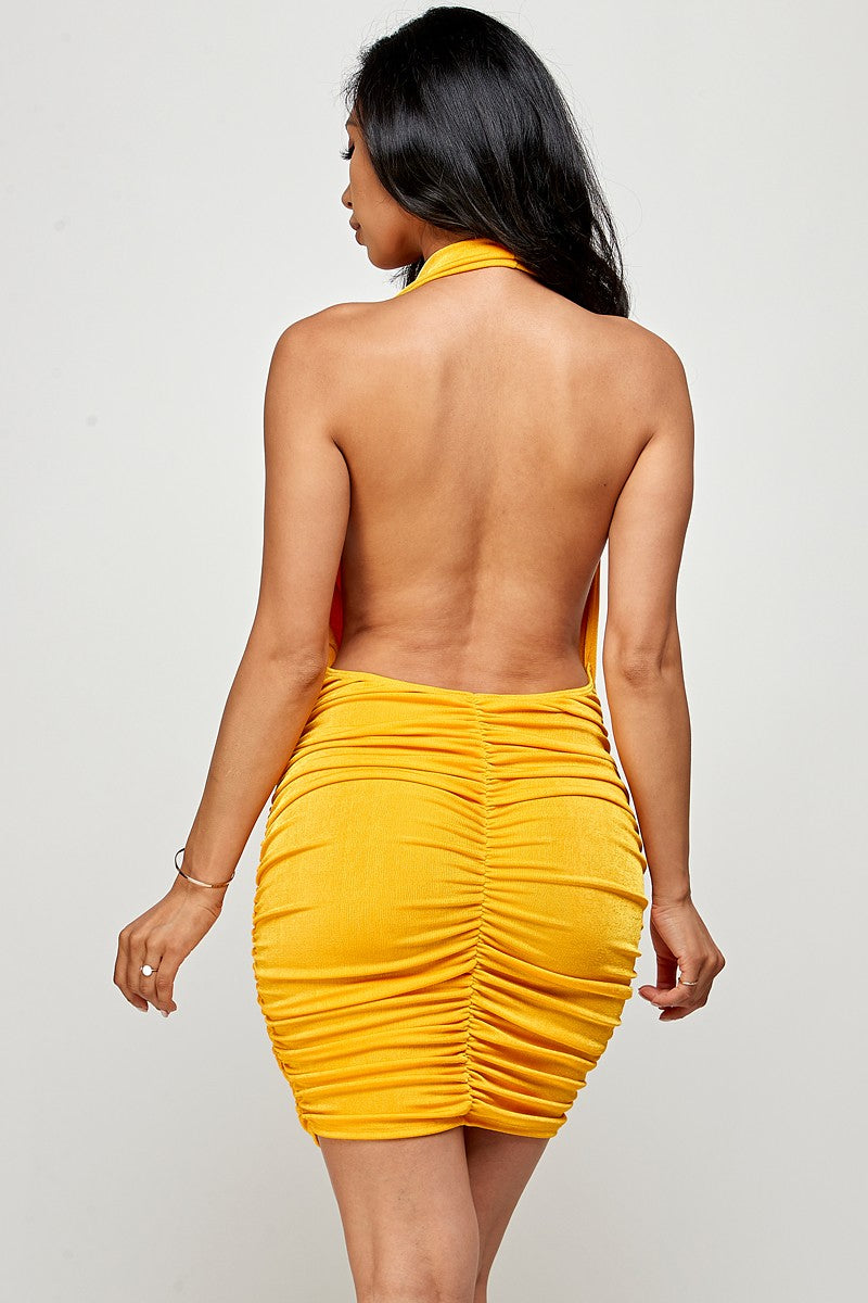 Cara Deep V Cowl Neck Slinky Open Back Halter Mini Dress