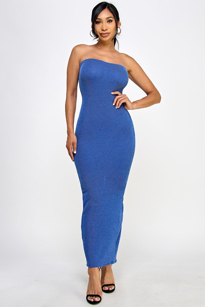Cara Textured Rib Knit Strapless Tube Maxi Dress