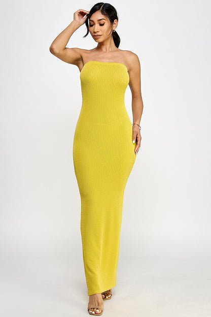 Cara Textured Rib Knit Strapless Tube Maxi Dress