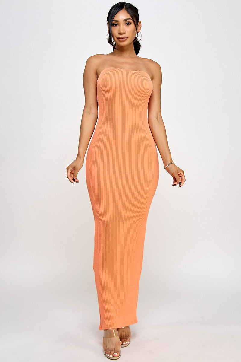 Cara Textured Rib Knit Strapless Tube Maxi Dress