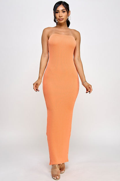 Cara Textured Rib Knit Strapless Tube Maxi Dress