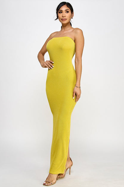 Cara Textured Rib Knit Strapless Tube Maxi Dress