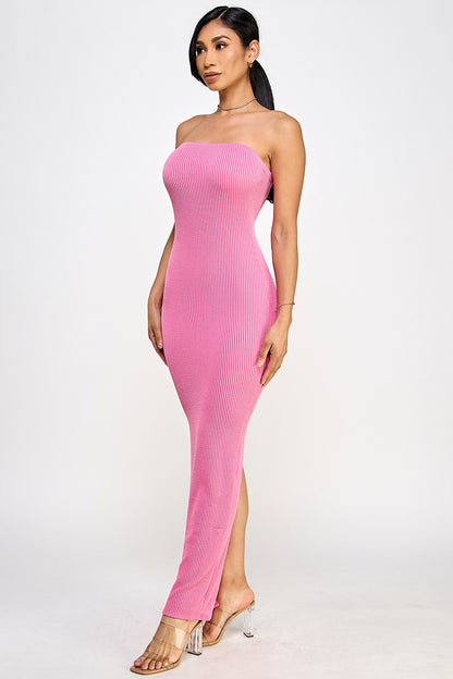 Cara Textured Rib Knit Strapless Tube Maxi Dress