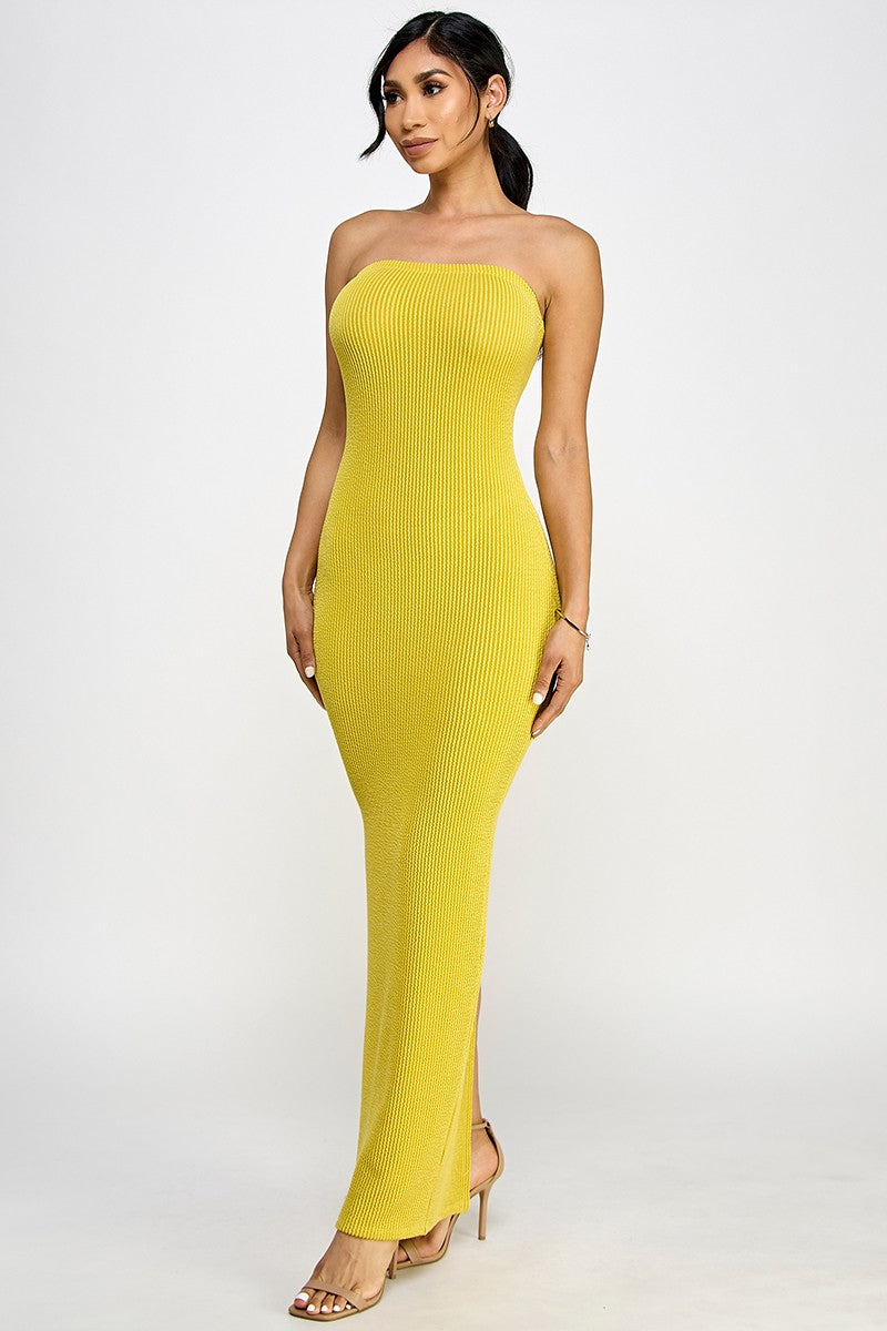 Cara Textured Rib Knit Strapless Tube Maxi Dress