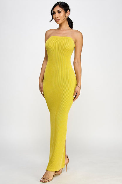 Cara Textured Rib Knit Strapless Tube Maxi Dress