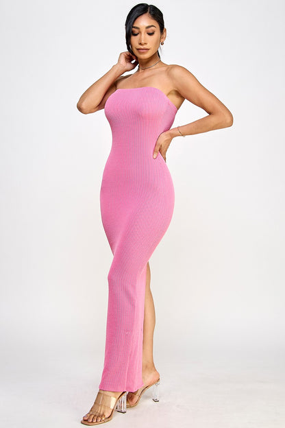 Cara Textured Rib Knit Strapless Tube Maxi Dress