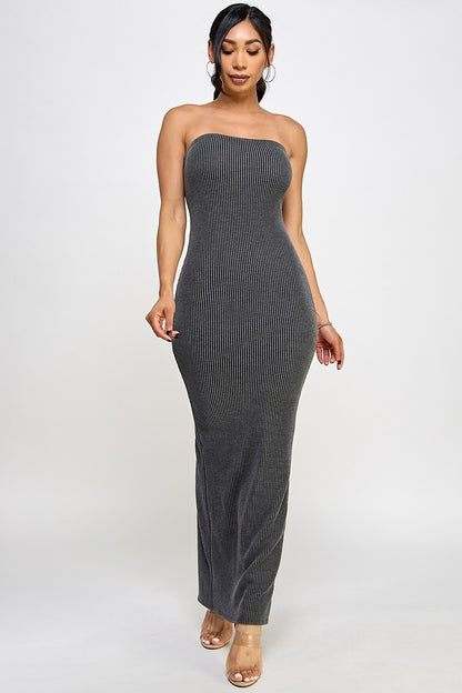 Cara Textured Rib Knit Strapless Tube Maxi Dress