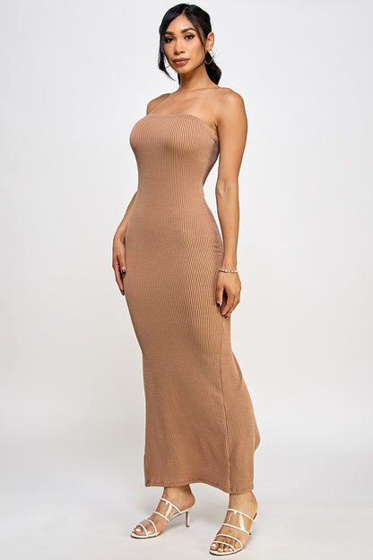 Cara Textured Rib Knit Strapless Tube Maxi Dress