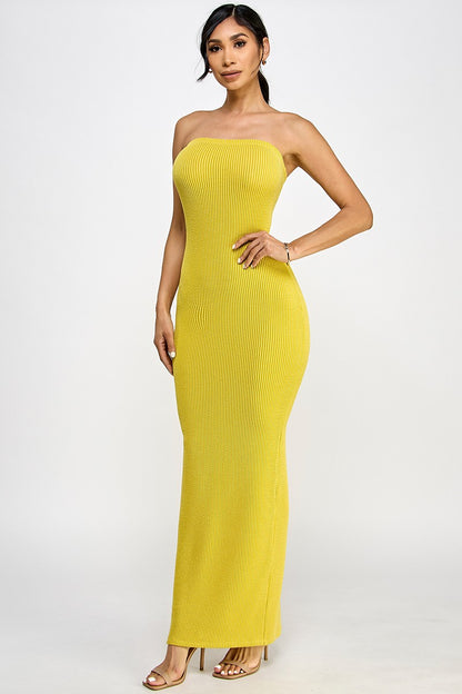 Cara Textured Rib Knit Strapless Tube Maxi Dress