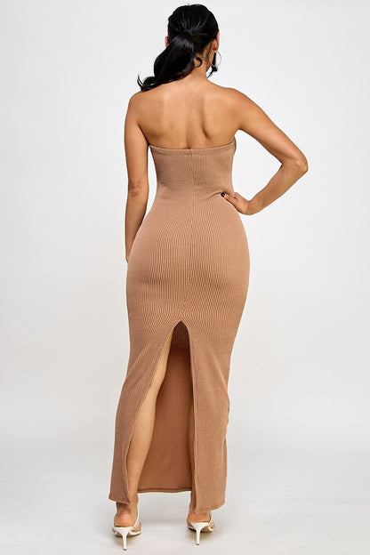 Cara Textured Rib Knit Strapless Tube Maxi Dress