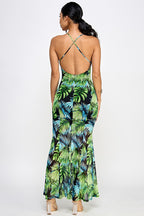 Bahama Printed Mesh Halter Neck Open Back Maxi Dress
