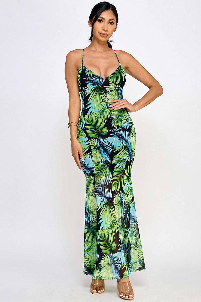 Bahama Printed Mesh Halter Neck Open Back Maxi Dress