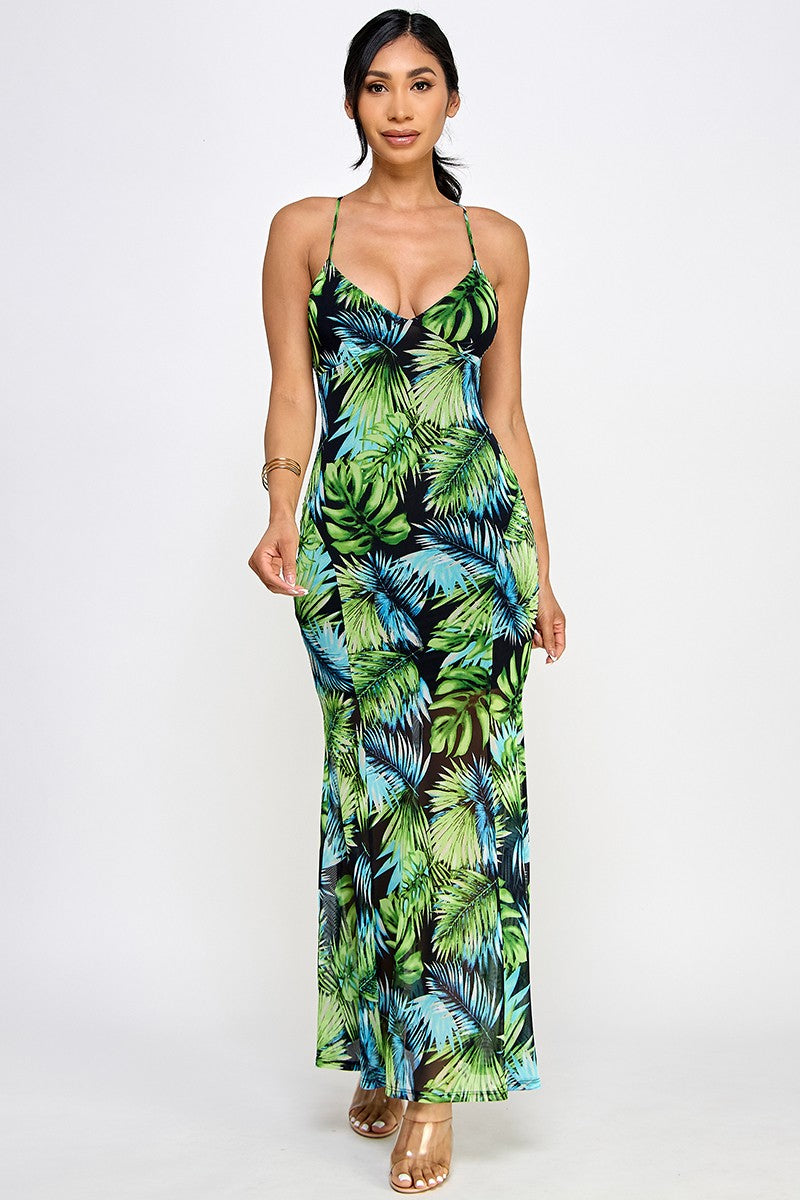 Bahama Printed Mesh Halter Neck Open Back Maxi Dress