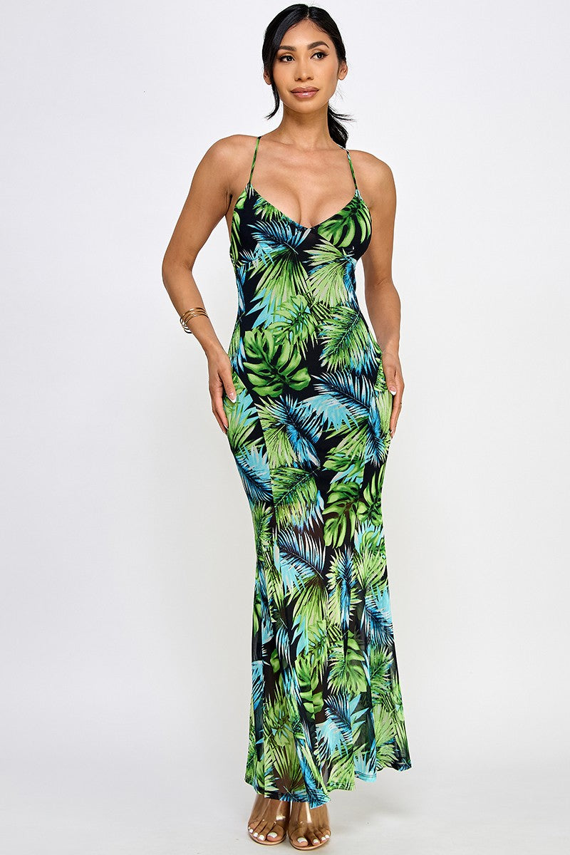Bahama Printed Mesh Halter Neck Open Back Maxi Dress