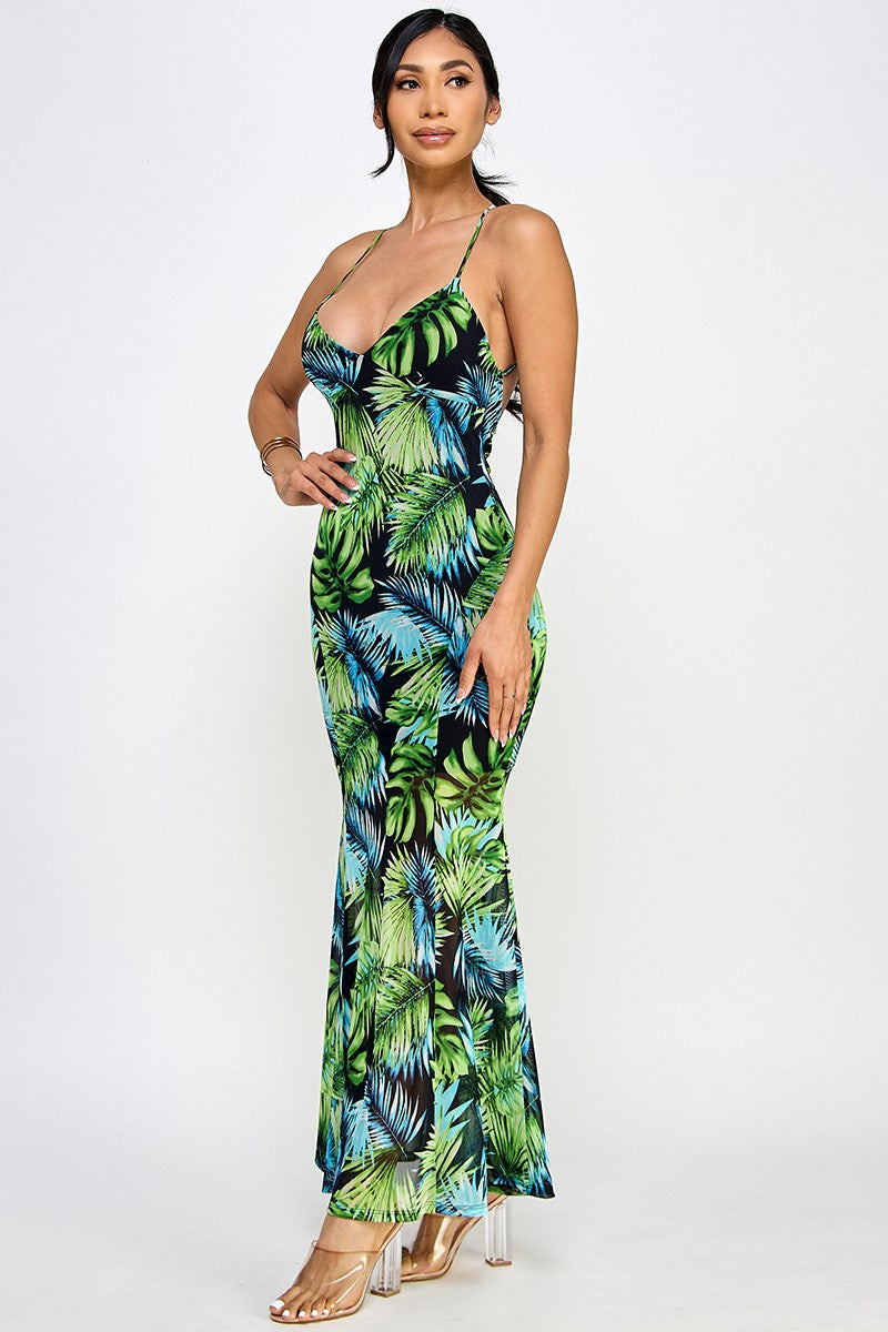 Bahama Printed Mesh Halter Neck Open Back Maxi Dress