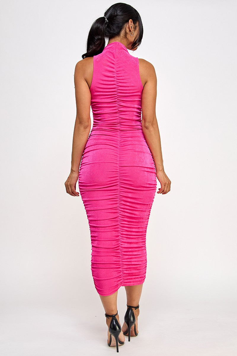 Garcelle Mock Neck Ruched Front Sleeveless Midi Dress
