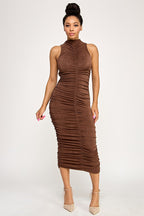 Garcelle Mock Neck Ruched Front Sleeveless Midi Dress