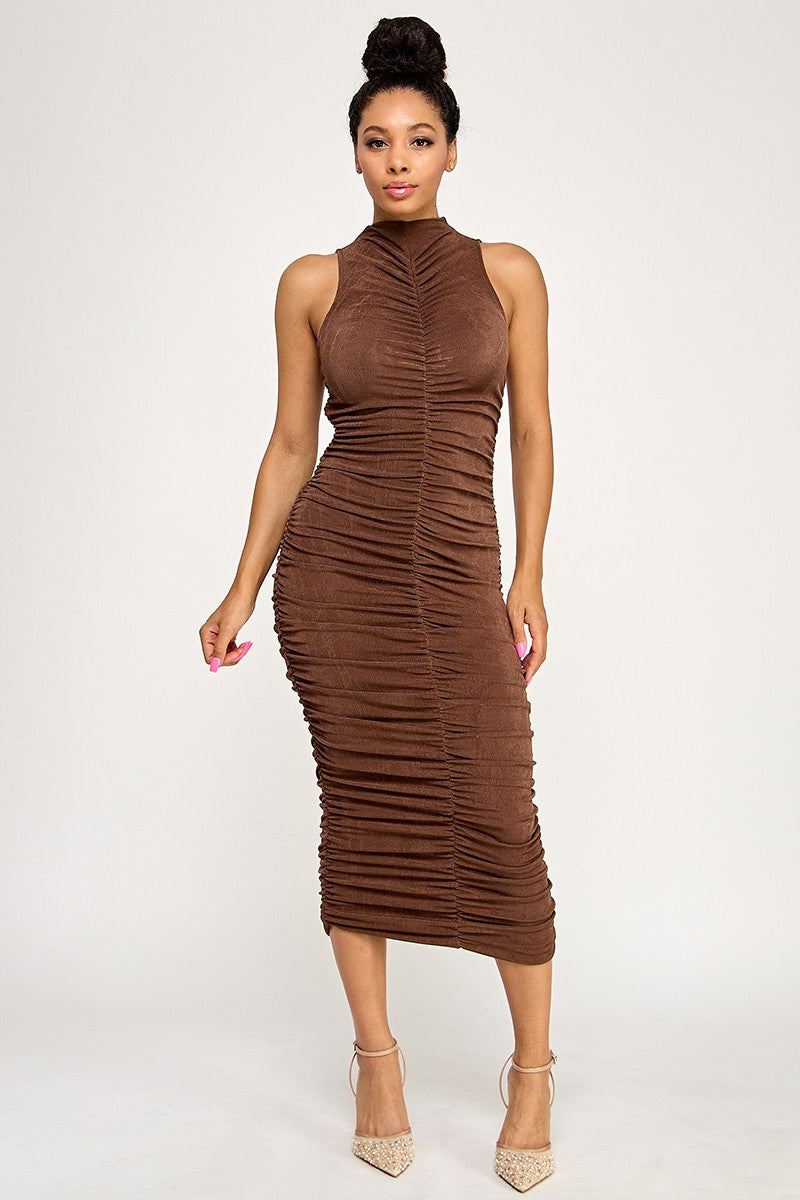 Garcelle Mock Neck Ruched Front Sleeveless Midi Dress