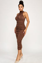 Garcelle Mock Neck Ruched Front Sleeveless Midi Dress