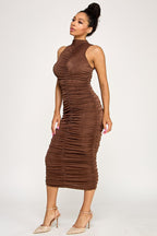 Garcelle Mock Neck Ruched Front Sleeveless Midi Dress