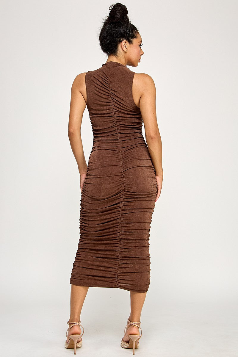 Garcelle Mock Neck Ruched Front Sleeveless Midi Dress