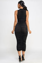 Garcelle Mock Neck Ruched Front Sleeveless Midi Dress