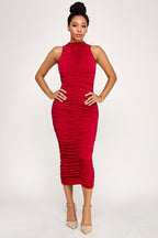 Garcelle Mock Neck Ruched Front Sleeveless Midi Dress