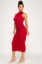 Garcelle Mock Neck Ruched Front Sleeveless Midi Dress